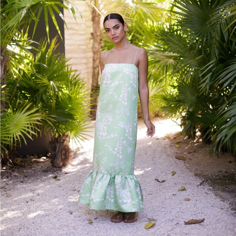 Damaris Bailey Glicina Satin Slip Maxi Green Floral Ruffle Hem Small EUC